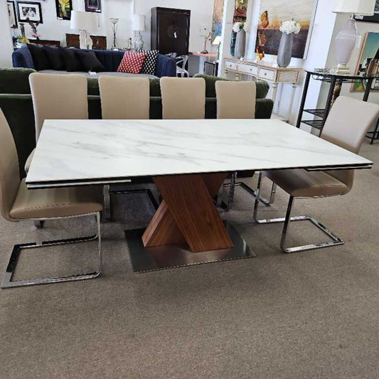 Scandinavian Extension Dining Tbl, Heat Resist Wht. Ceramic Top, Walnut 67 x 29.5 x 29H, 98W w/Extension