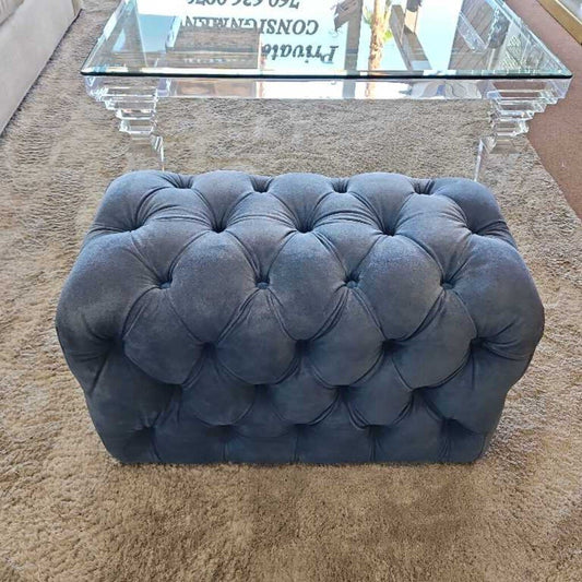 Glam Tufted Blue Velvet Ottoman w/Covered Buttons 28.5W 15D 18.5H