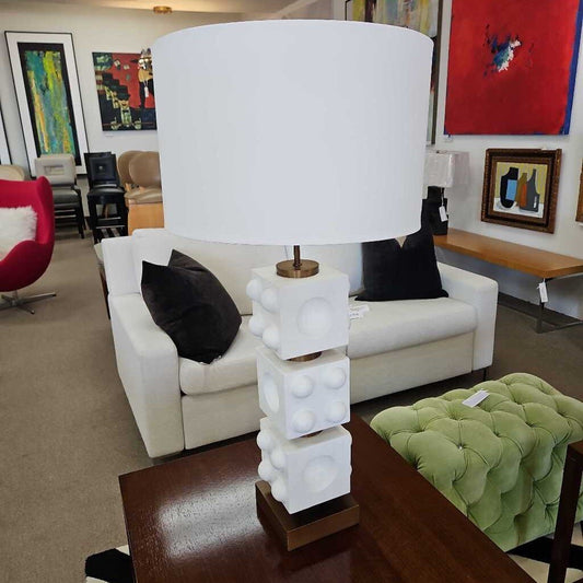 Mr. Brown, London Table Lamps, Stacked Geometric Cube Design, White Smooth Gesso Finish, Aged Brass Base 39.5H - PAIR