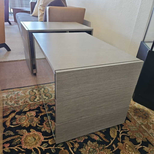Decca Nightstands on Casters, Mirrored Sides, 3-Tiered Drawers, Shelving 30W 20D 21H - PAIR