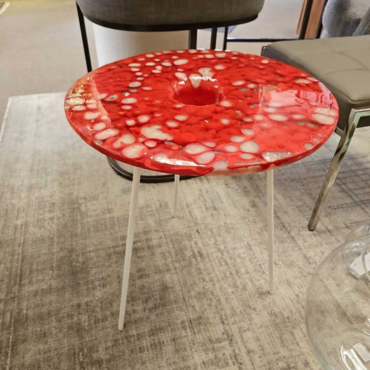 Red w/White Art Glass Circular Top, White Netal Stand