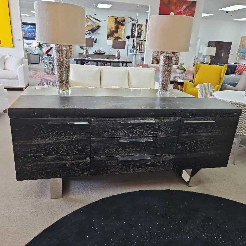 Olmos Black Elm Wood Sideboard, Stainless Steel Legs 78.5W 17.5D 34.5H