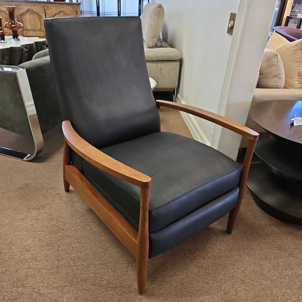 Milo Baughman Black Leather, Oak Wood Frame Reclining Chair