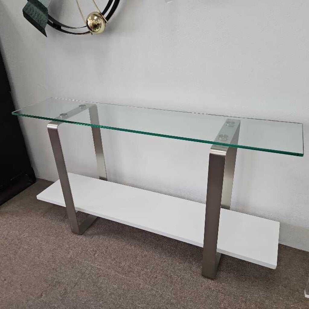 BDI Stream Console Tbl., Tempered Glass Top, Satin White Shelf, Curved Satin Nickel Bs. 55 x 14 x 29.75H