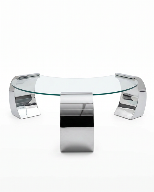 In The Style of Karl Springer, Chrome & Glass Coffee Table 64" x 31.5" x 17"