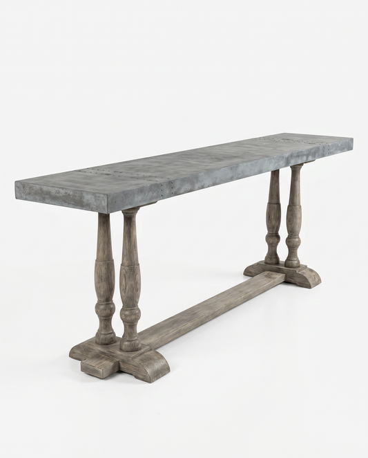 Industrial Zinc w/Weathered Gray Elm Turned Wood Legs Console 108W 18.25D 35.25H