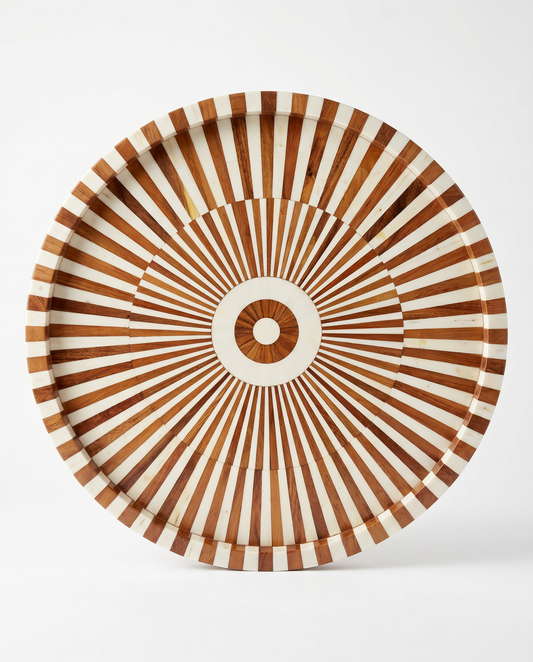 Inlay Tray Handcrafted Radial Sunburst Design Made of Wood and White Resin 24Dia