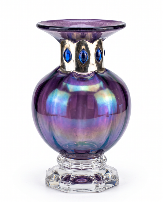 Iridescent Silvestri Mouth-Blown Glass Vase, Amethyst & Gold 3.5"Dia x 5.5"H