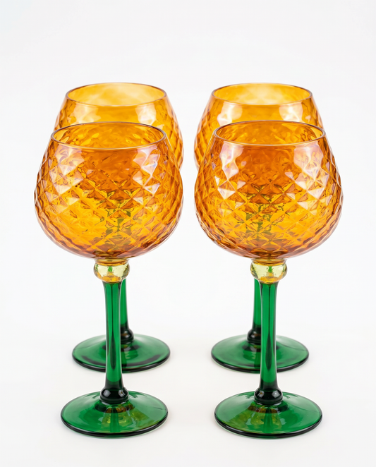 Italian Empoli Amber Glass Diamond Optic Wine Stems 9.5H - SET OF 4