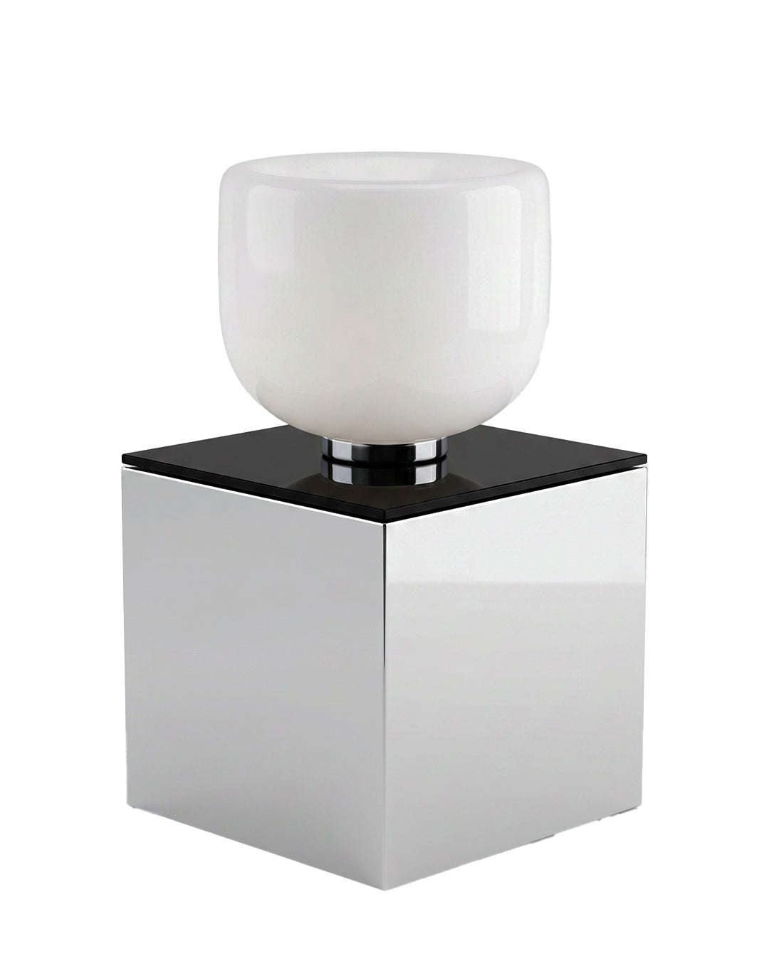 Italian Handblown Lamp Opal White Inverted Glass Shade, Presented on Chrome & Black Glass Pedestal 19.5Sq 34.25H