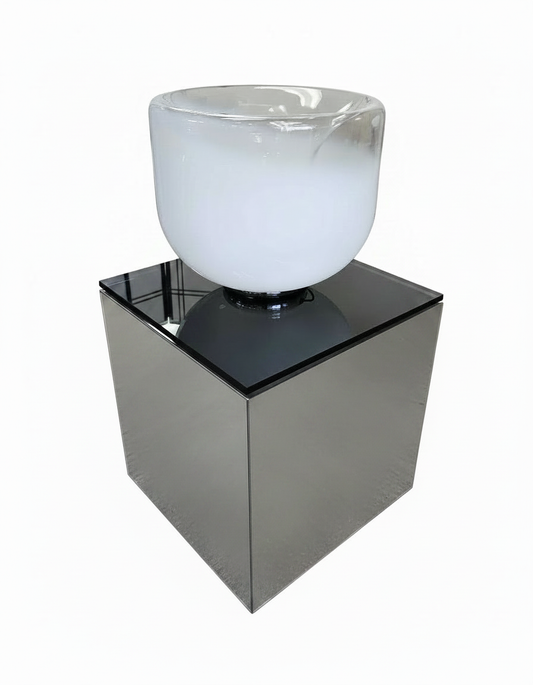 Italian Handblown Lamp Opal White Inverted Glass Shade, Presented on Chrome & Black Glass Pedestal 19.5Sq 34.25H