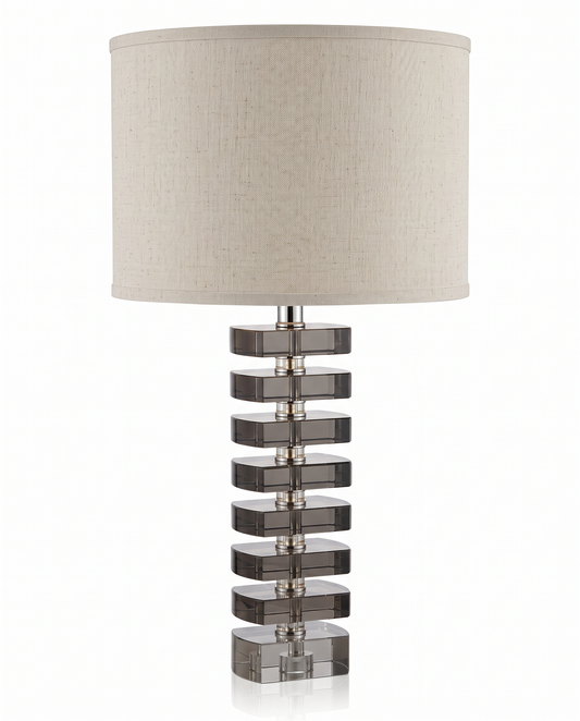 Jamie Young Stacked Geometric Column Smoked Glass, Chrome Base Table Lamps 30.5H - PAIR