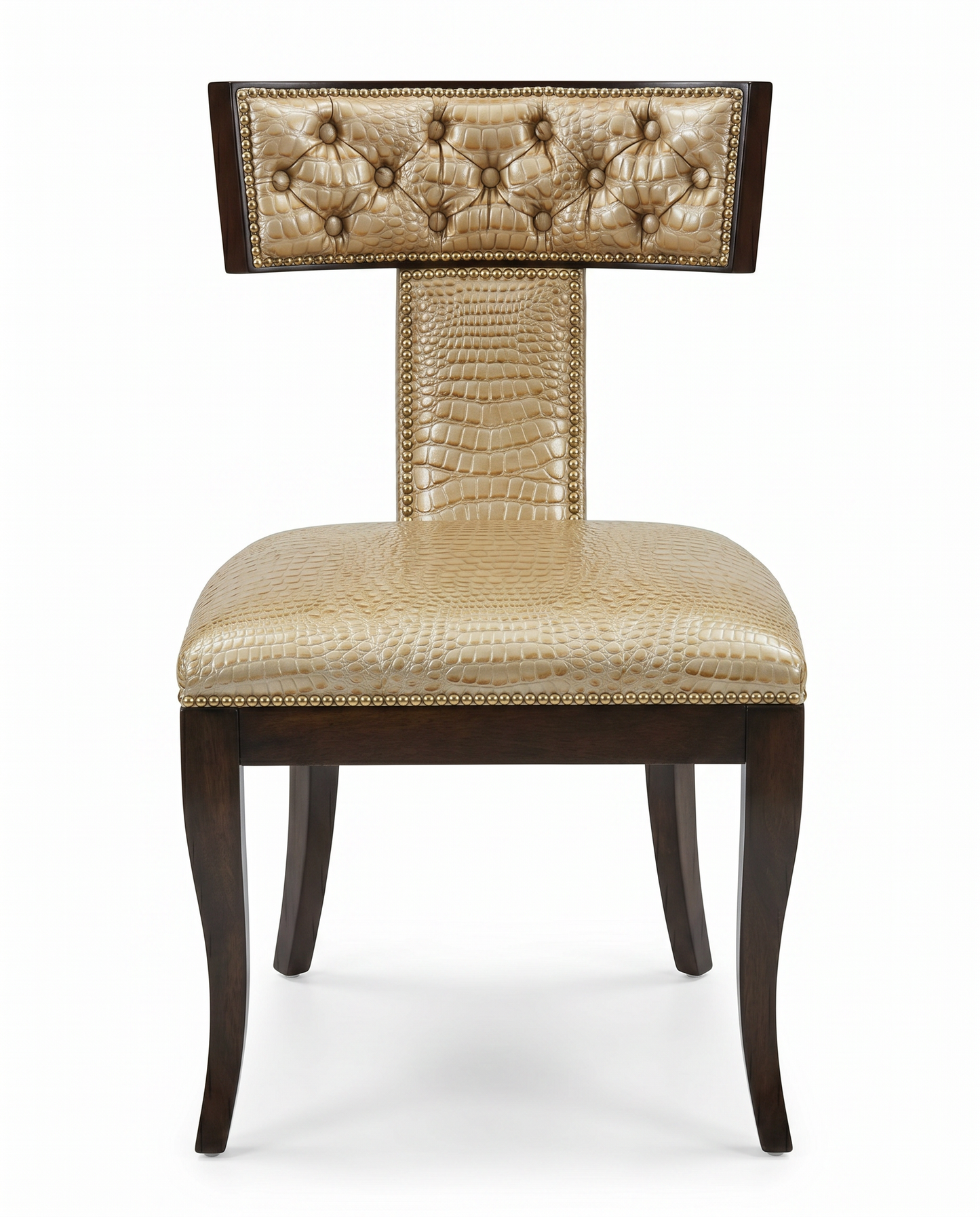 Kravet Athens Klismos Maple Chair, Gold Crocodile Print Leather, Nickel Nailheads 23W 26.5D 37H
