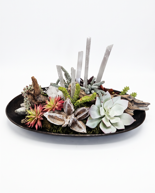 Lg. Oval Metal Bowl w/Succulents and Standing Quartz floral Arrangement w/Driftwood 26L