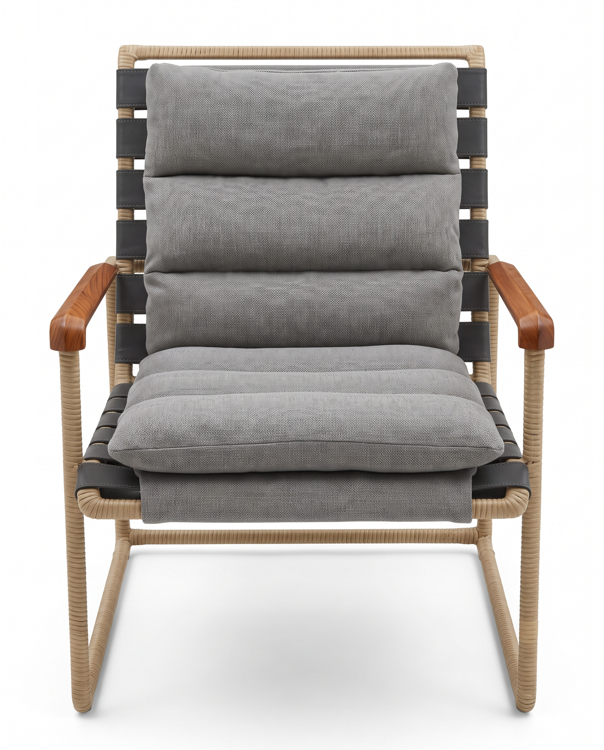 Lockram Steel Arm Chair, Lthr Straps, Steel Frame Wrapped in Lthr, Channeled Perennial Fabric 26.5W 30.5D34.75H