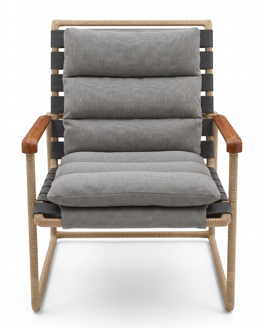 Lockram Steel Arm Chair, Lthr Straps, Steel Frame Wrapped in Lthr, Channeled Perennial Fabric 26.5W 30.5D34.75H