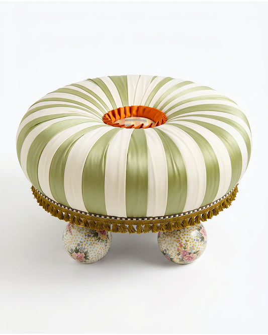 Mackenzie Childs Tuffet Ottoman, Hand Painted Ceramic Legs 21Dia 14.5H