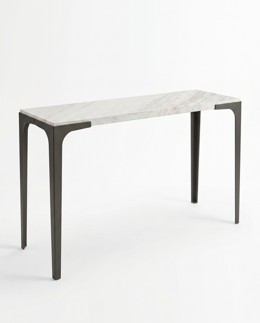 Magnussen Mercer Console, White Marble Top, Forged Iron Legs 48 x 16 x 28.25H