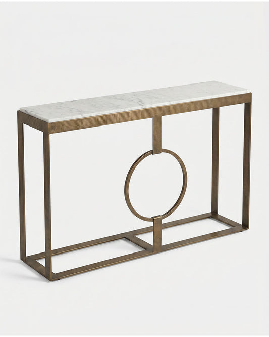Marble Top Console Tbl., Wht. Marble, Hand-Hammered Gold-Finish Iron Frame, Circular Support in Center 48 x 12 x 31