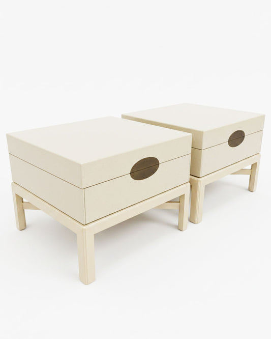 Marge Carson Craquelure Linen, Lacquered End Tables, Circular Brass Handle 28W X 28D X 22.5H - PAIR