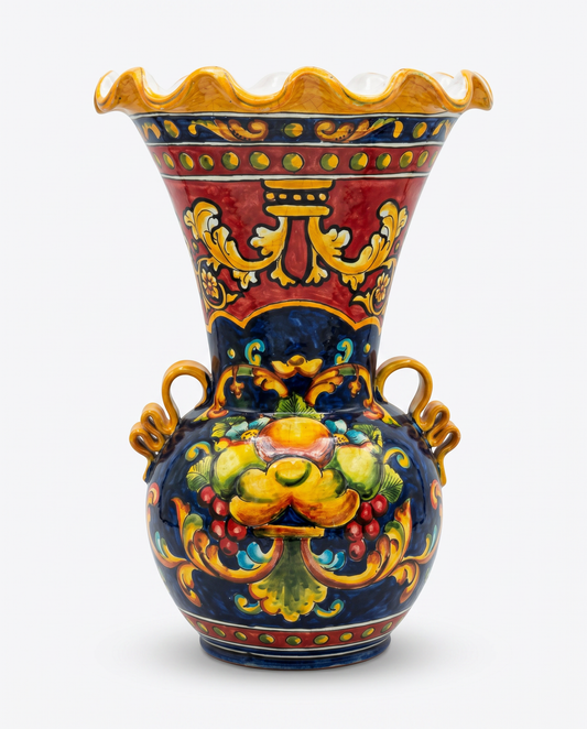 Mexican Talavera-Style Ceramic Vase, Hand Painted, Scalloped Rim 13.5 x 19.5