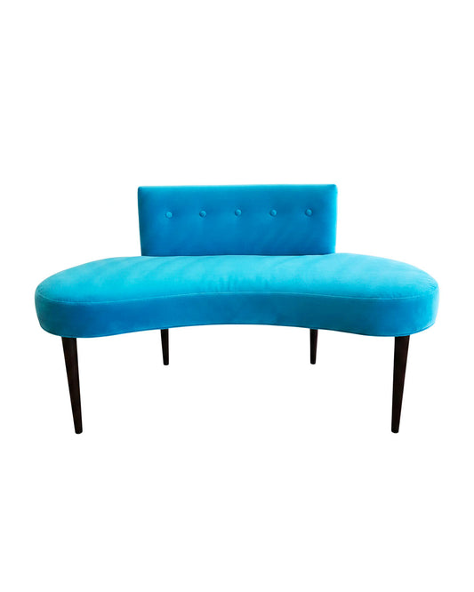 Mid-Century Modern Blue Upholstered Curved Sette, Tufted Back 55W 25D 32H