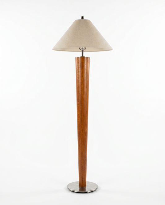 Mid-Century Tapered Wood Floor Lamp, Metal Base, White Conical Shade 62.5H
