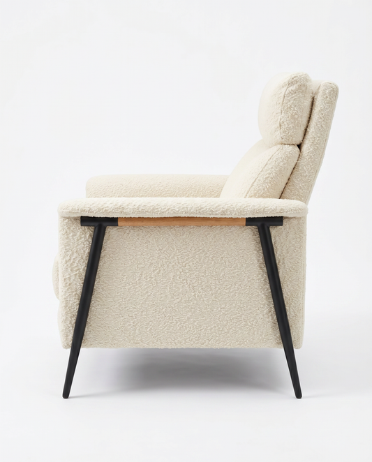 Mid-Century White Boucle Recliner Armchair, Dark Tapered Legs 30W 37D 38.5H