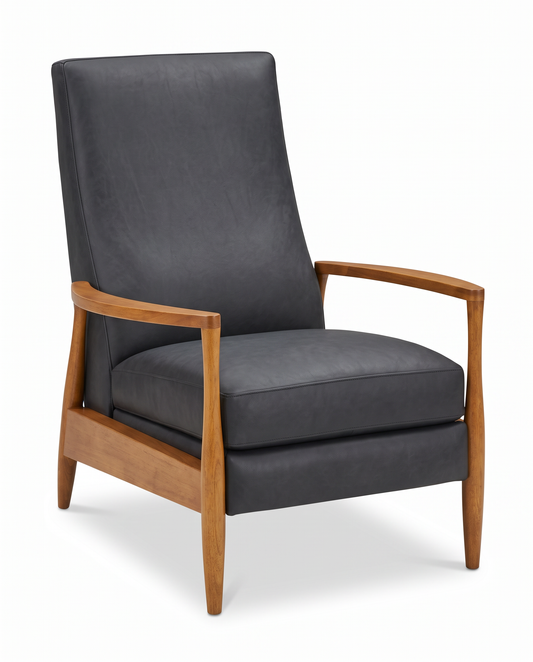 Milo Baughman Black Leather, Oak Wood Frame Reclining Chair
