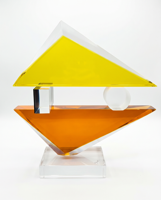 "Mirrored Image" Yellow & Orange Lucite Sculpture 15.5" x 15"H