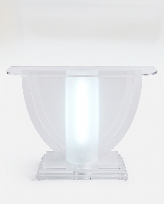Modern Acrylic Pedestal Console, Clear Glass Top, Semi-Circular Sculptural Base 55.5W 19.25D 32.5H