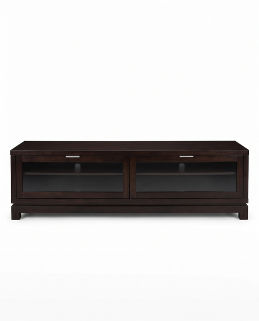 Modern Matte Black TV Console w/ 2-Glass Fronts, Low Profile 72W 18D 19H
