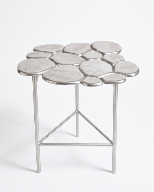 Modern Organic Silhouette in Silver Metallic Finish Side Table, Mimics Flat River Stones 18W 18D 20.5H