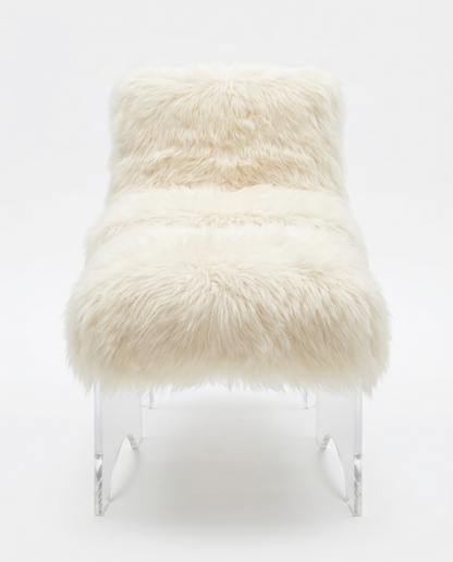 Modern Sheepskin Uphol. Accent Chair & Ottoman w/Lucite Legs 25W 26D 33H