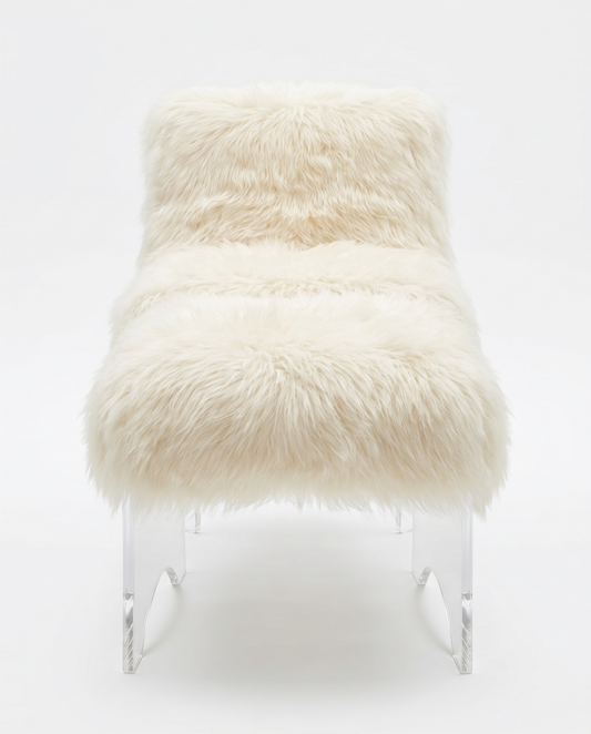 Modern Sheepskin Uphol. Accent Chair & Ottoman w/Lucite Legs 25W 26D 33H
