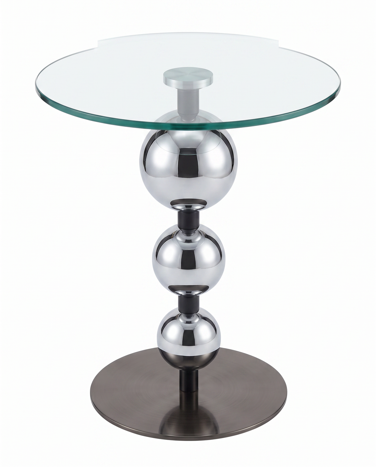 Modern Stacked Polished Chrome Globes Base Glass Side Table 18Dia 20H