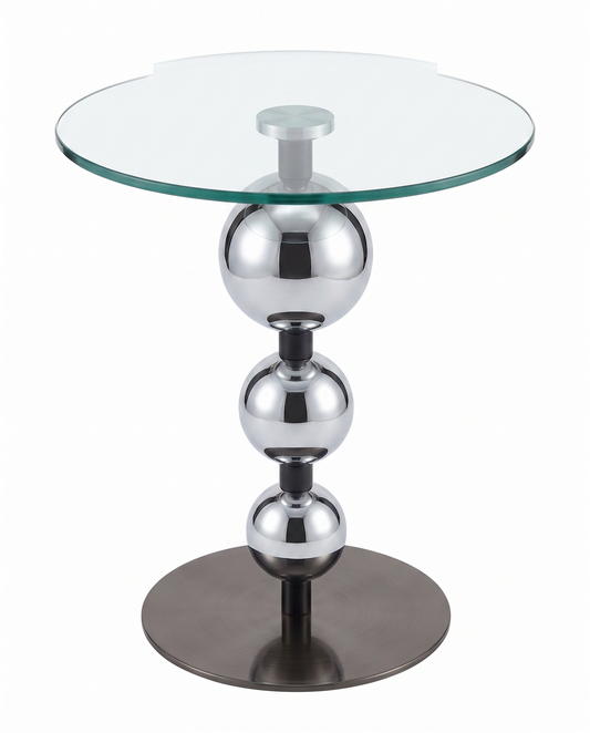 Modern Stacked Polished Chrome Globes Base Glass Side Table 18Dia 20H
