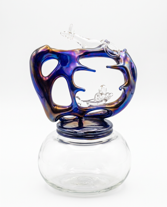 "Mouse Trap" 89 in the Style of Murano Clear Bell Shaped Base, Blue Iridescent Sculpture w/Clear Glass Mice