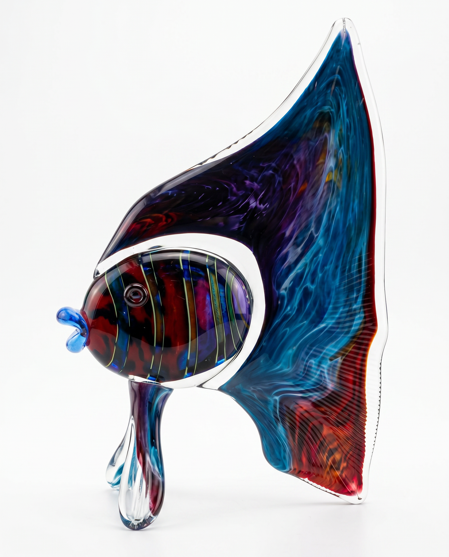 Murano-Style Glass Angelfish, Vibrant Blue, Red 14"H