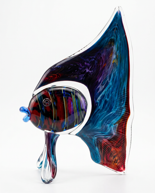 Murano-Style Glass Angelfish, Vibrant Blue, Red 14"H