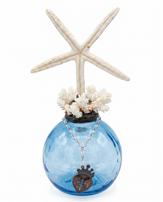 Natural Starfish w/ Sea Coral, Rust-Colored Scottish Heart, Blue Glass Bottle 10.5H