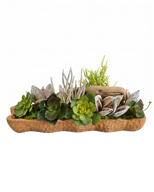 Natural Wood Bowl w/Pods & Succulents Floral Arrangement w/Driftwood 24L