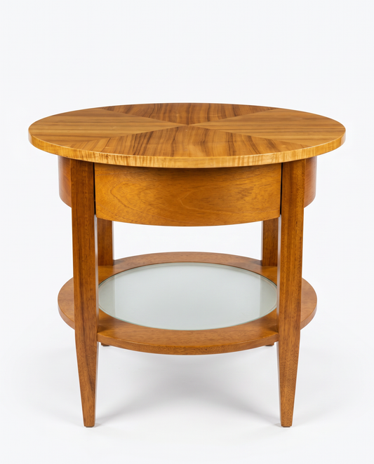 Natural Wood w/Frosted Glass Side Table, Drawer 27Dia 24.25H