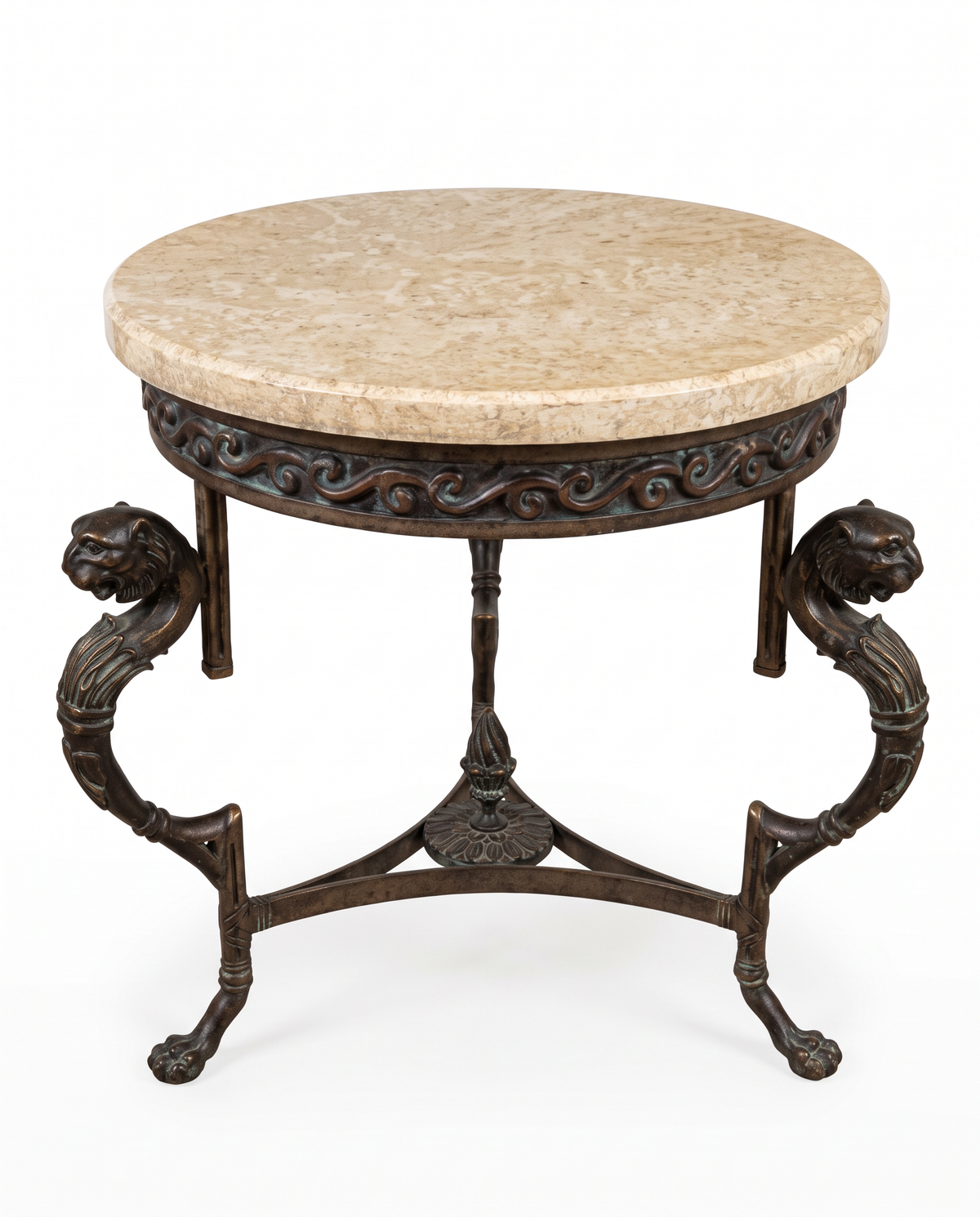 Neoclassical Style Table, Marble & Bronze, Figural Creatures Accents 22Dia 23.25H