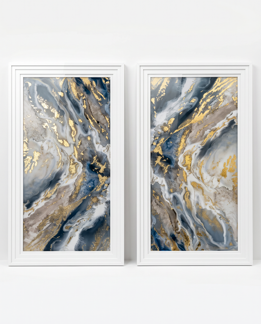 Orig Abstract Geode-Style Fluid Painting, Swirling Patterns of Grey, Wht. & Gld Accents 39W 69H - PAIR