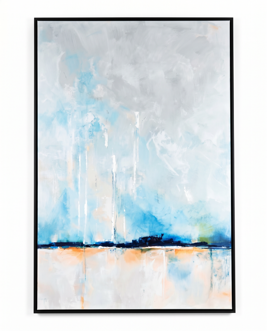 "Original Acrylic on Canvas, Hues of Blue Yellow and White Framed in Black, Signed Janesko 49.5w 73.5h