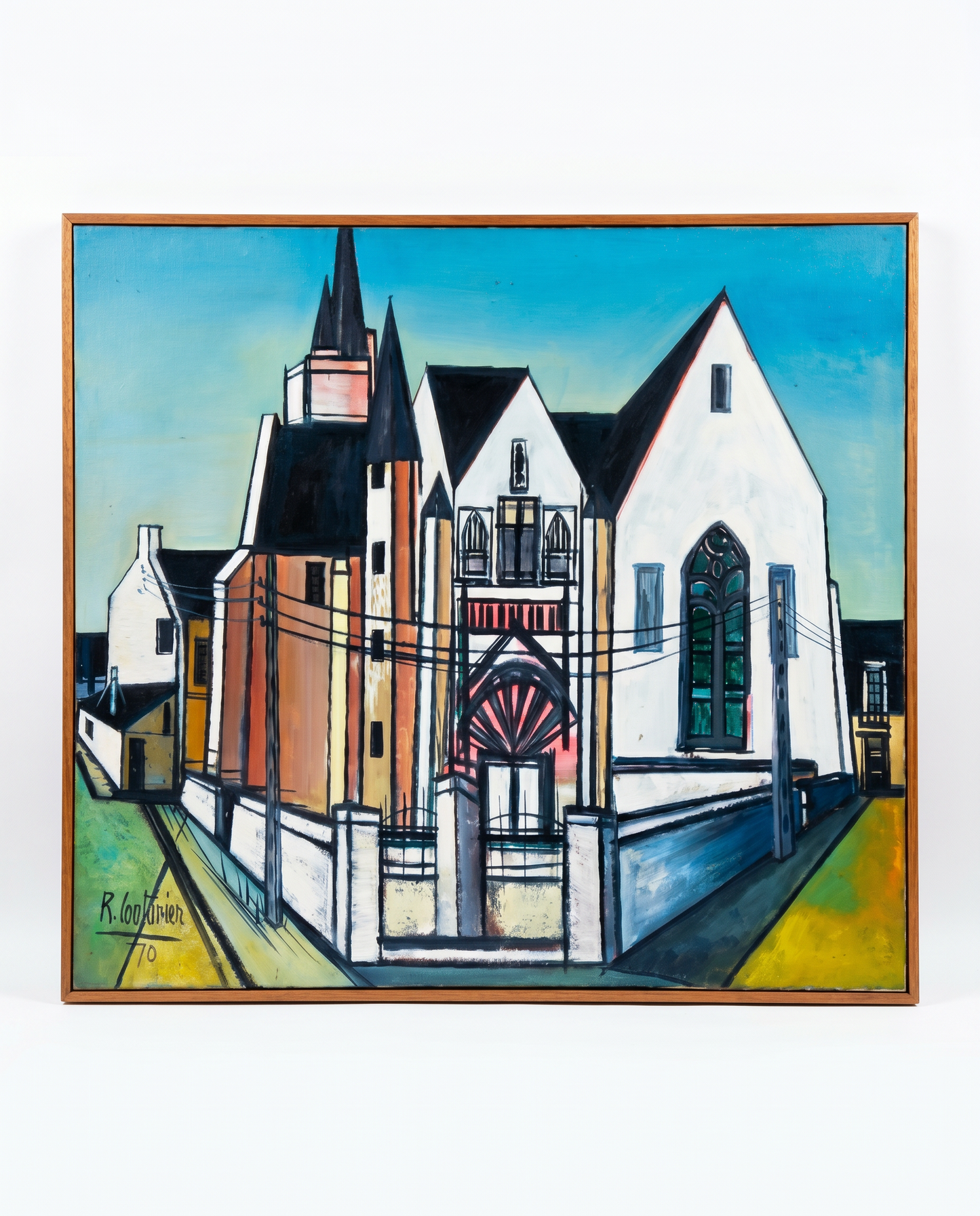 Original Oil on Canvas Painting, Stylized Architectural Cityscape, Signed R. Couturier 1970 40.75 x 30.75
