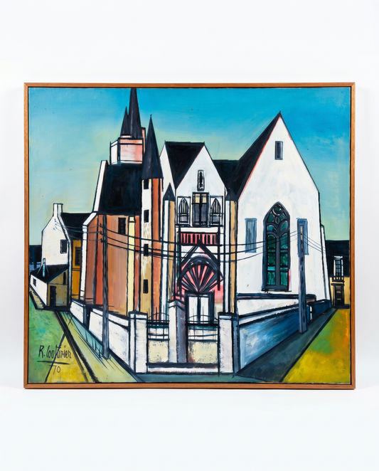 Original Oil on Canvas Painting, Stylized Architectural Cityscape, Signed R. Couturier 1970 40.75 x 30.75