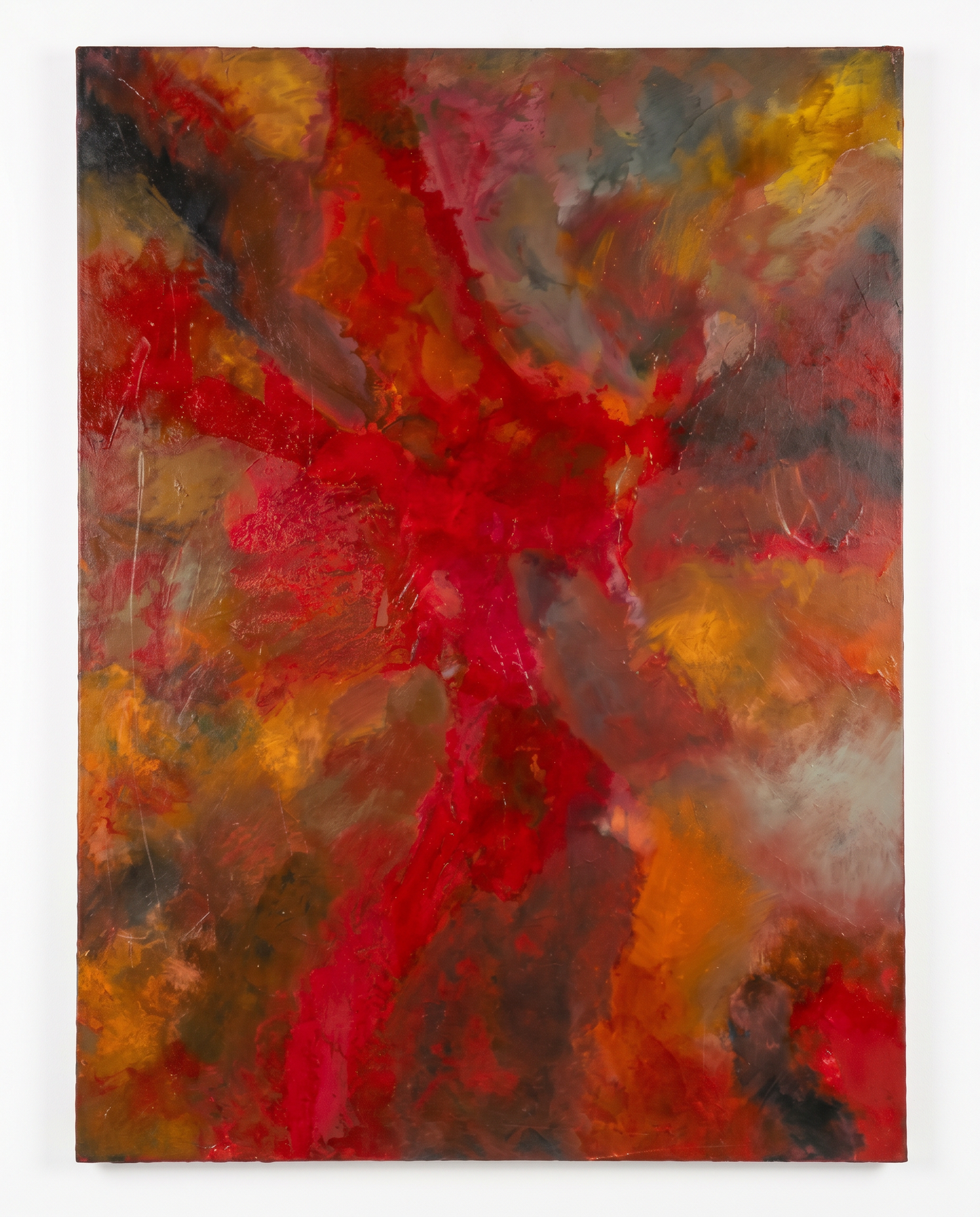 Original Oil on Canvas "Red" Abstract, Artist Signature on Vertically Wrapped Canvas Edge 36 x 48