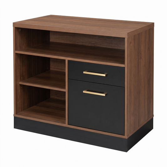 Walnut Wood Mobile Lateral File Cabinet, Key Lock, Power Slip 31.5W 19.5D 19H